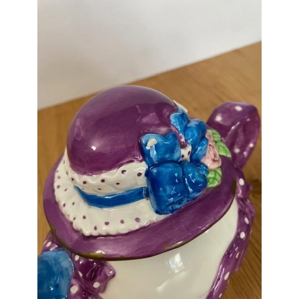Bella Casa by Ganz Teapot Sun Hat Lid Purple Polka Dot Ribbon White Ceramic Good